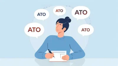 Illustration of a person writing with floating acronym symbols around them, representing creative ATO acronym alternatives and thoughtful communication.