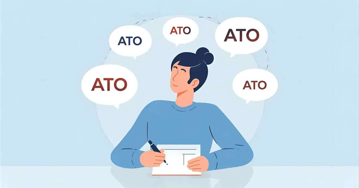Illustration of a person writing with floating acronym symbols around them, representing creative ATO acronym alternatives and thoughtful communication.