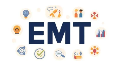 Illustration of the EMT acronym surrounded by icons representing mindset, communication, wellness, and productivity in a modern flat design style.