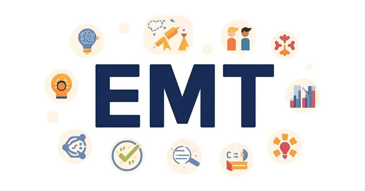 Illustration of the EMT acronym surrounded by icons representing mindset, communication, wellness, and productivity in a modern flat design style.