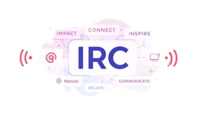 Illustration of the IRC acronym surrounded by creative keyword bubbles representing impact, connection, communication, and resonance in a modern flat design.