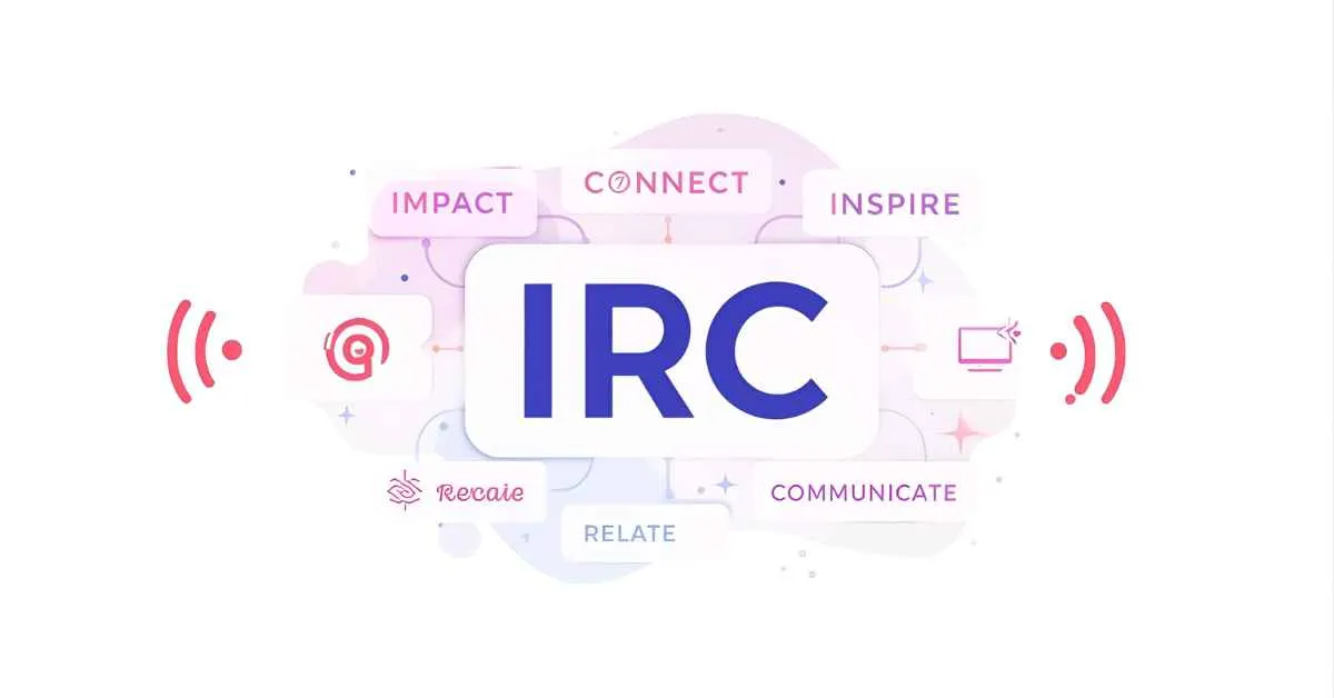 Illustration of the IRC acronym surrounded by creative keyword bubbles representing impact, connection, communication, and resonance in a modern flat design.