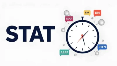 Illustration of a clock with the word STAT and floating urgency acronyms like ASAP, RN, TNT, and RTFN, symbolizing immediate action and urgent communication