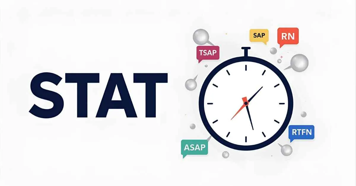 Illustration of a clock with the word STAT and floating urgency acronyms like ASAP, RN, TNT, and RTFN, symbolizing immediate action and urgent communication