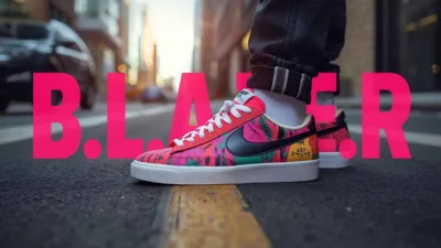 Nike Blazer sneakers displayed on a city street with overlay text ‘B.L.A.Z.E.R. Acronyms’, showcasing style, boldness, and creative personality traits.