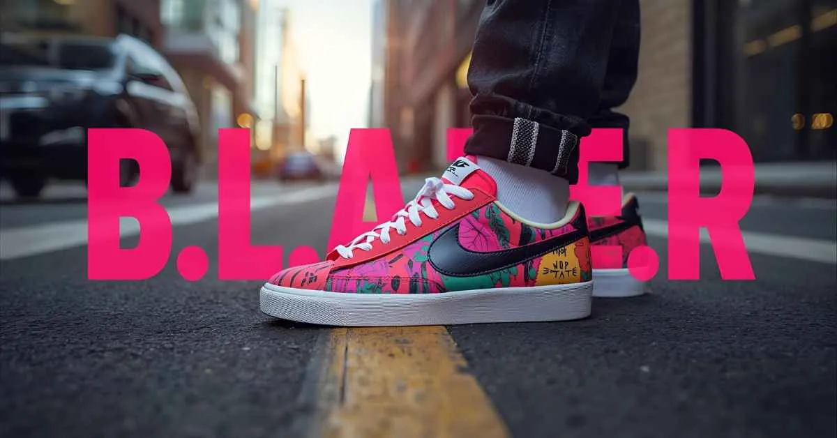 Nike Blazer sneakers displayed on a city street with overlay text ‘B.L.A.Z.E.R. Acronyms’, showcasing style, boldness, and creative personality traits.