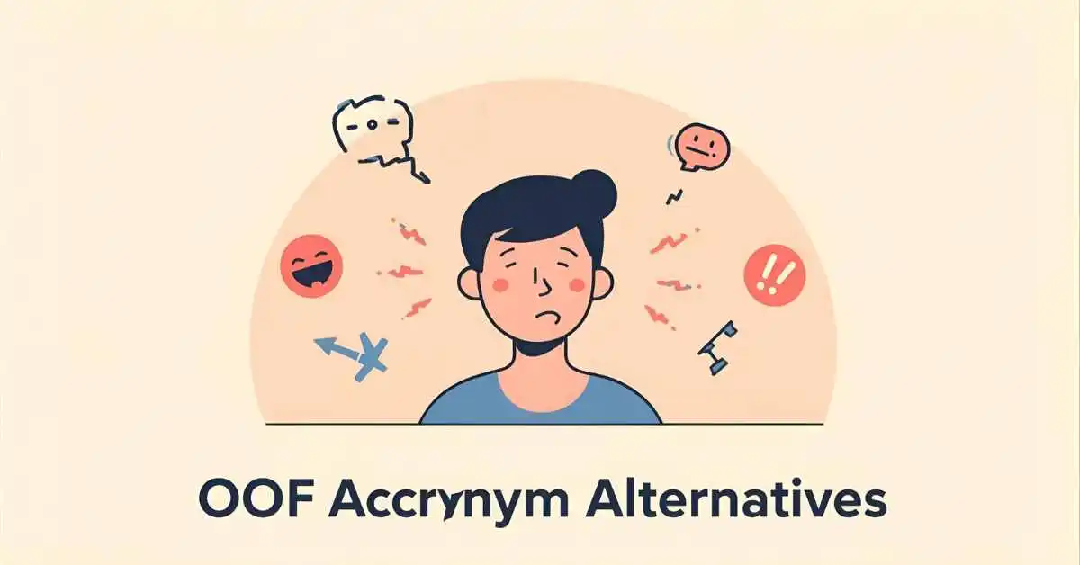 erson reacting with expressive icons representing the oof acronym and its alternatives in a clean, modern blog header design