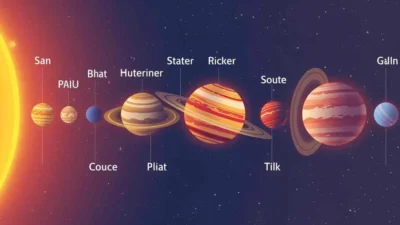 Infographic of the solar system showing planets in order with creative acronym labels.