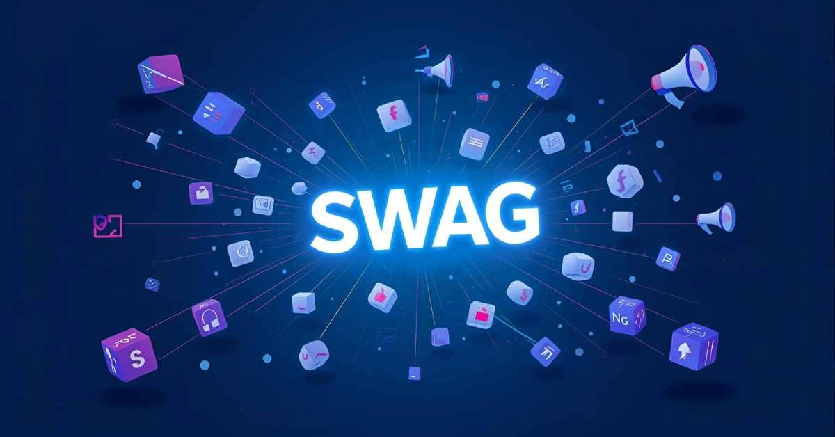 Abstract illustration of business swag concepts with floating acronym blocks, branding icons, and connected nodes representing alternative acronyms and brand resonance strategies.